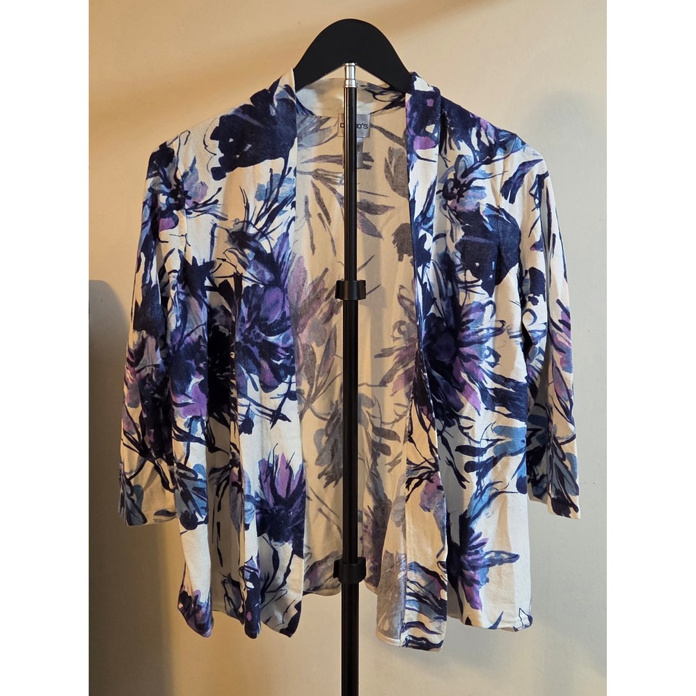 Chico's Floral Print Open Front Cardigan Women's Size 1 (M/8) White Blue Purple